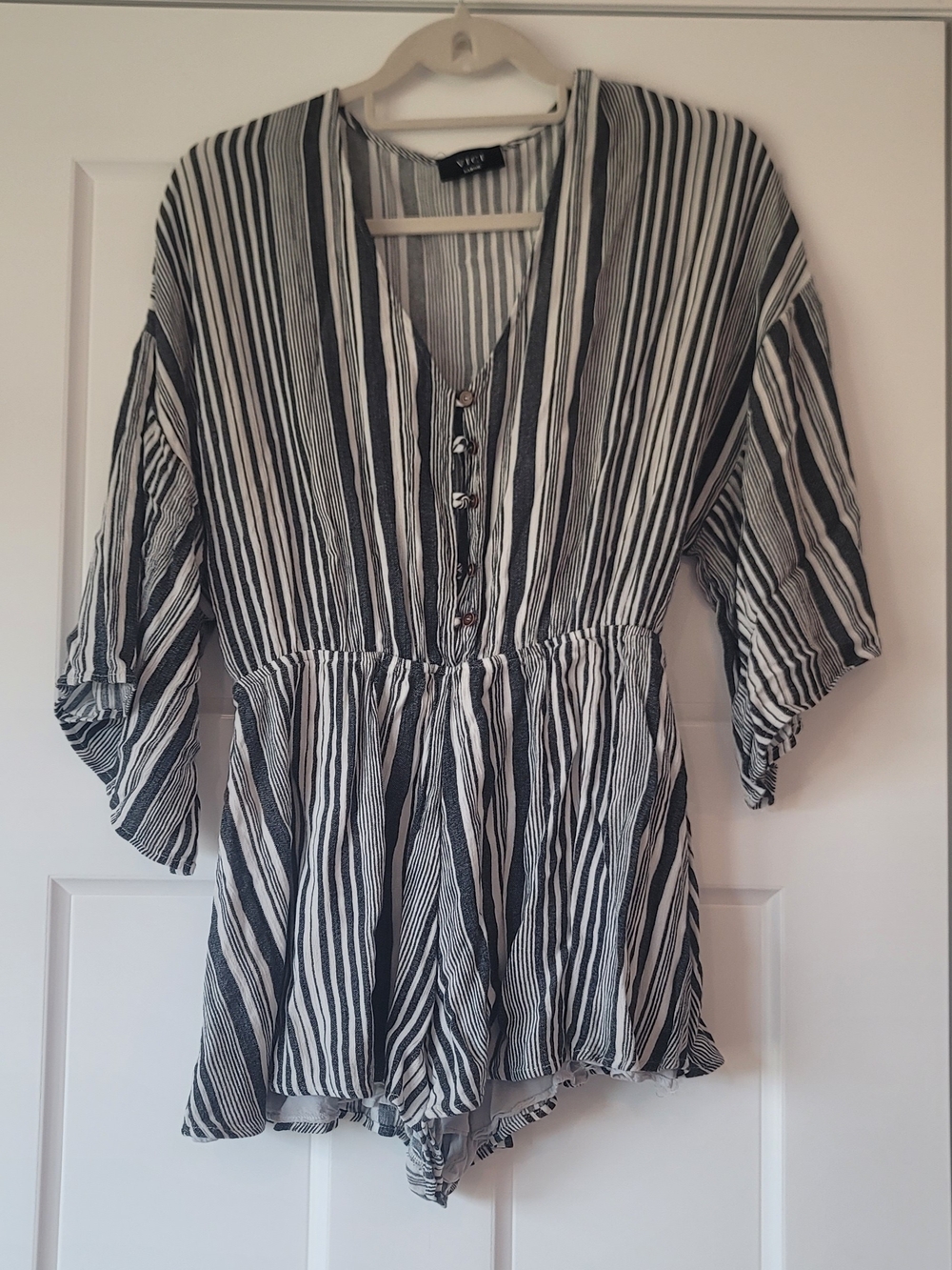 Vici Blue & White Striped Romper with Button Front